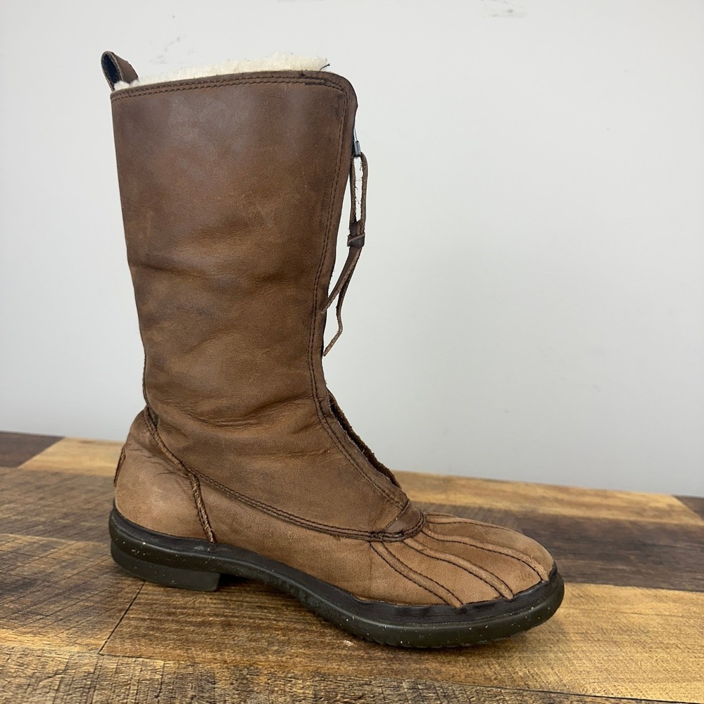 UGG Arquette Brown Leather Winter Boots Womens Size 7 Zip Sheepskin Cuff 1012514